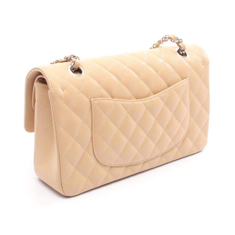 Chanel Double Matelasse Leather Bag Shoulder Grained Flap Beige Calfskin Tan